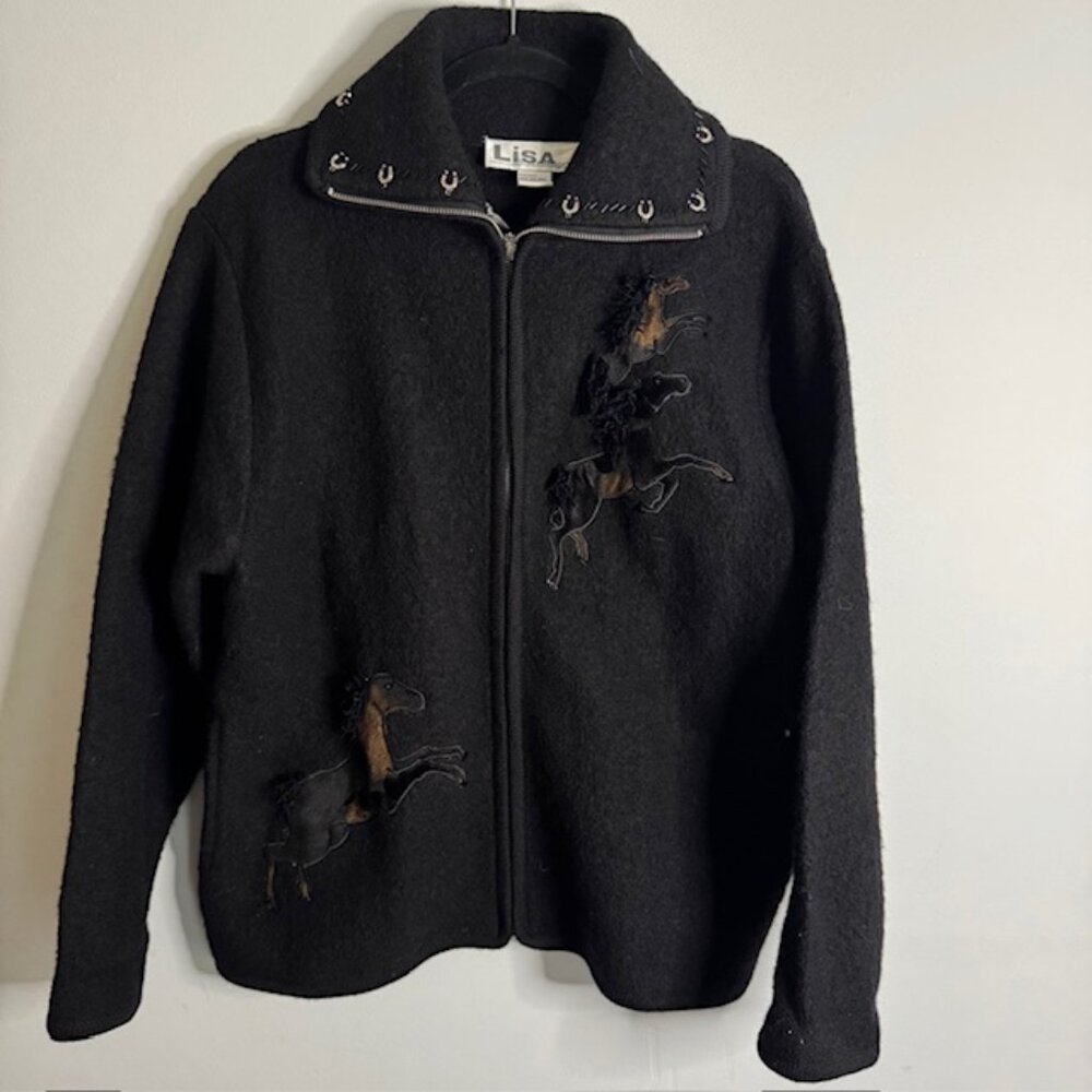 Year of The Horse Black Wool Zip-Up Jacket with Horse Appliqués Vintage 90s